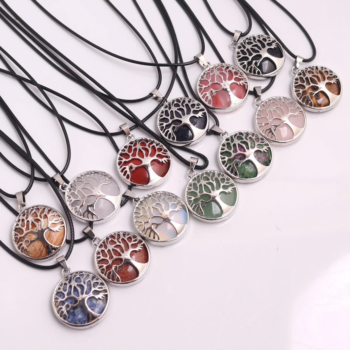 1PCS  Life Of Tree Alloy Natural Stone Pendant Necklace Tiger Eyes Crystal Quartz Healing Energy Meditation Men Jewelry