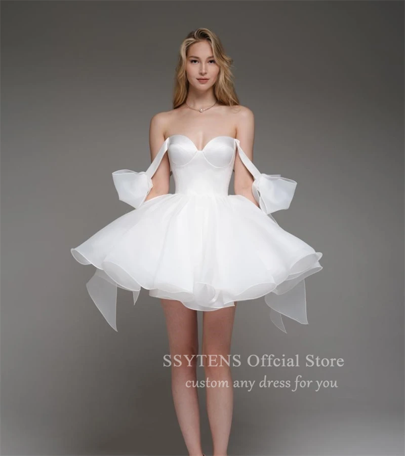 Elegant Organza Wedding Dresses Mini A-Line Bow Straps Sweetheart Bridal Gowns Girls Backless Sleeveless Bespoke Bride Dress