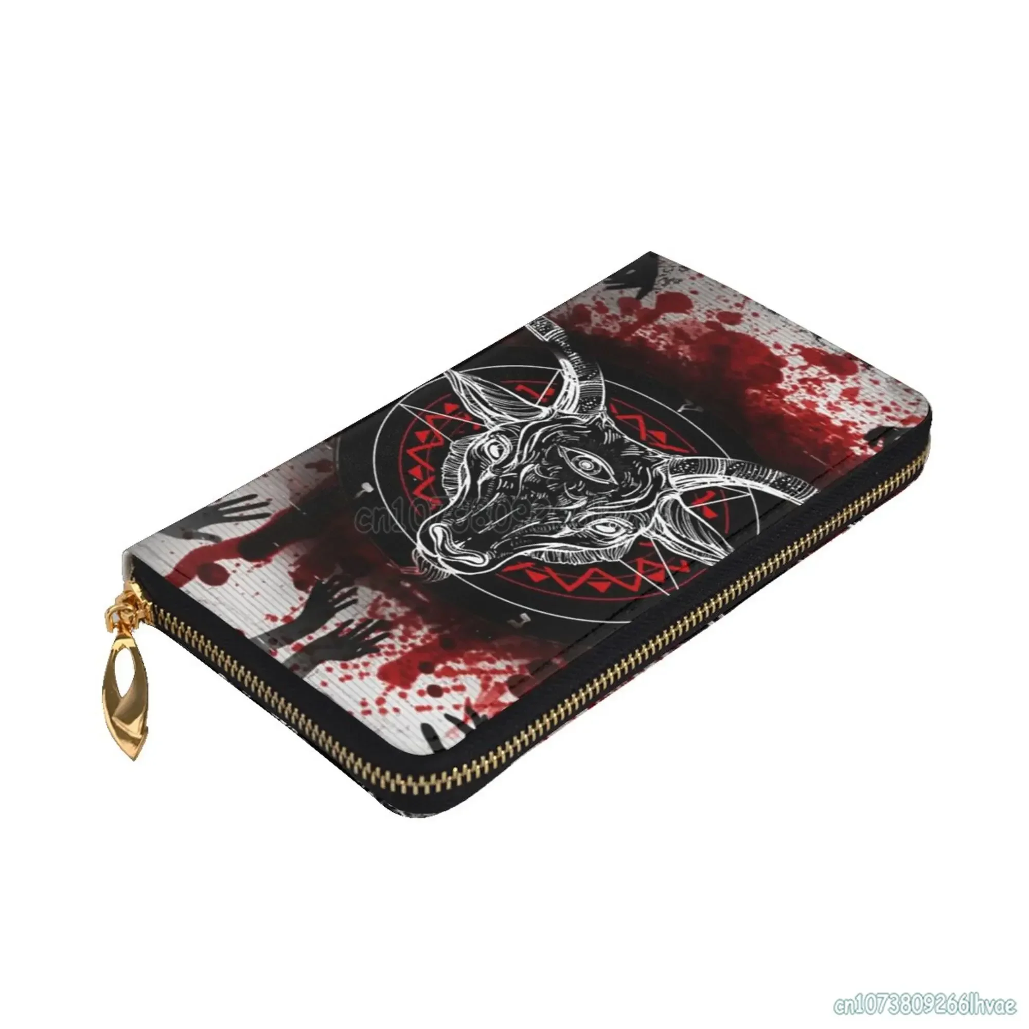 Pentagram with Baphomet Demon Satanic Goat Head Handbag Cowhide Print Long Wallet Purse for Women