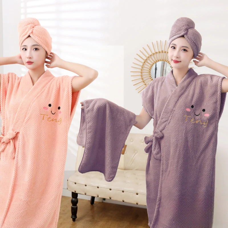 

New Pineapple Bathrobe Women Can Wear Bath Towels Coral Plush Thickened Household Cross Strap Bath Skirt Dry Hair Hat
