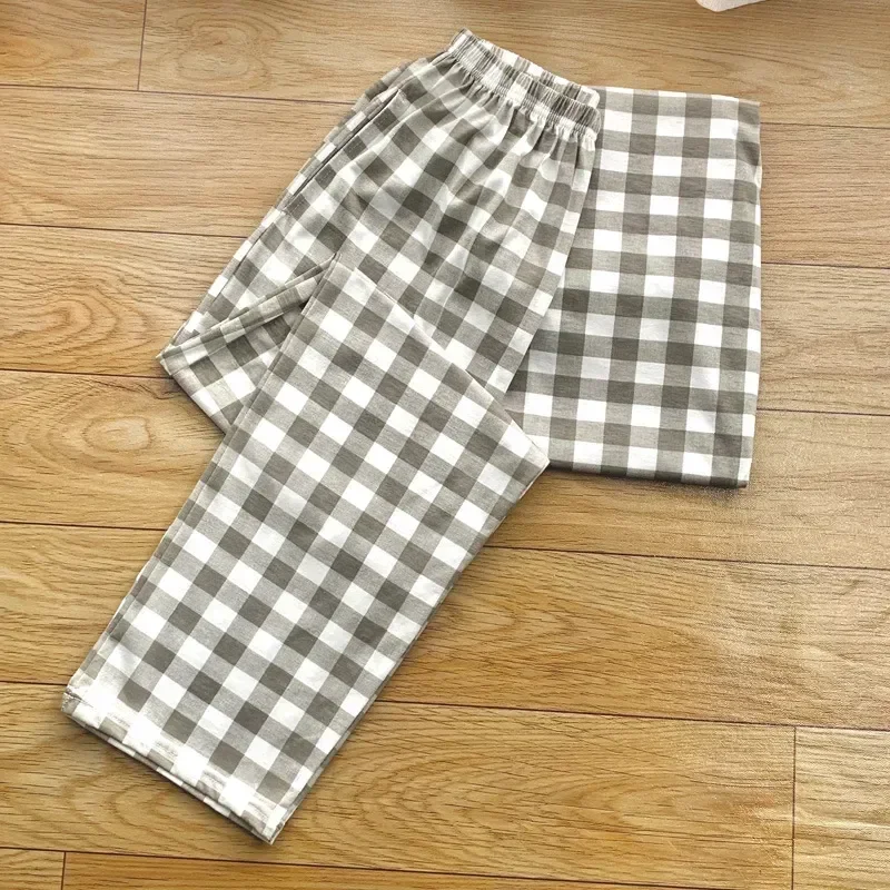 Soft Knitted Mens Male Loose Spring Cotton Sleepwear Pants Bottoms Homewear Plaid Trousers Breathable Summer Lounge Long Sleep