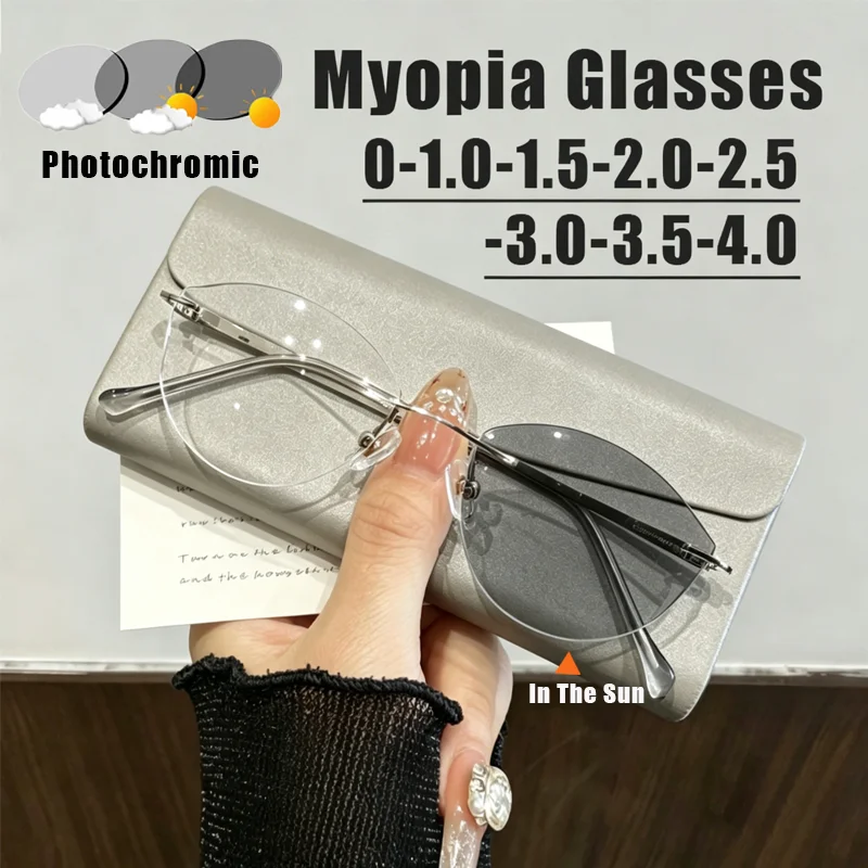 

Rimless Photochromic Myopia Glasses for Women Indoor and Outdoor Blue Light Blocking Minus Diopter Eyeglasses Trendy Eyewear