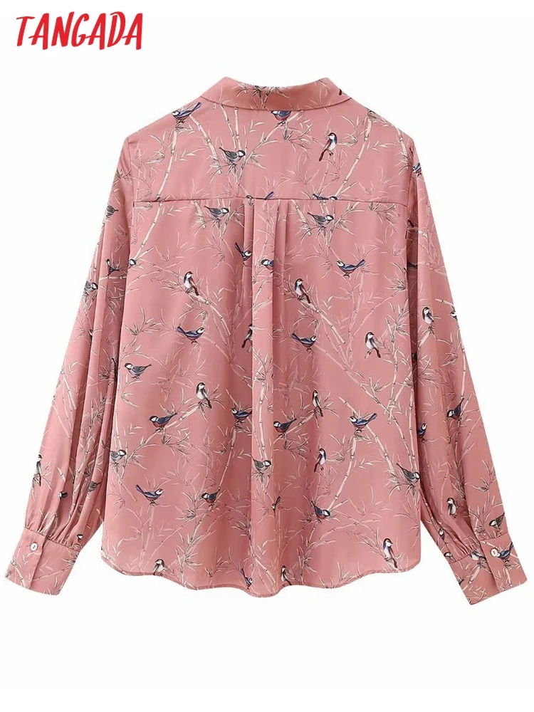 Tangada 2023 Women Birds Print Blouses Long Sleeve Female Loose Shirts Tops BE418