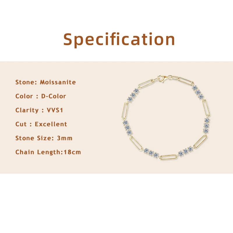Lnngy Certyfikowana okrągła bransoletka z moissanitu 3MM dla kobiet 925 Sterling Silver Regulowane bransoletki łańcuszkowe Modna biżuteria na rękę Prezent — zdjęcie 3