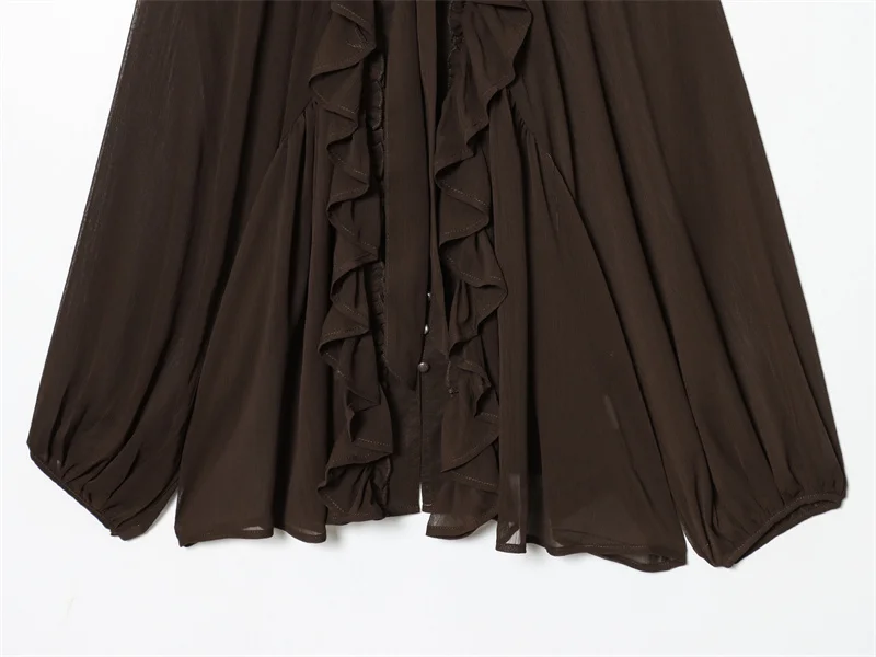 Women's Shirt 2025 Autumn New Style, Dark Brown Long Sleeve Layered Decorative Tie Draped Shirt Casual Fashionable Versatile