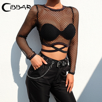 CIBBAR Black Loose Fishnet Holes T Shirt Street Style Bandage See Through Hollow Out Crop Top Women Harajuku Casual Summer Shirt