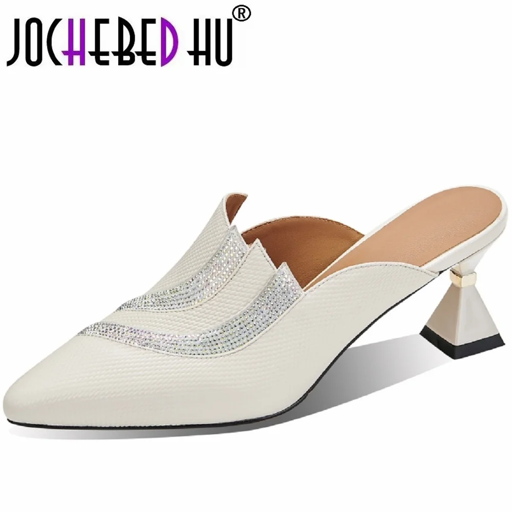 

【JOCHEBED HU】new summer women sandals natural Leather shoes Embossed stone grain cowhide rhinestone pointed toe mules 34-40