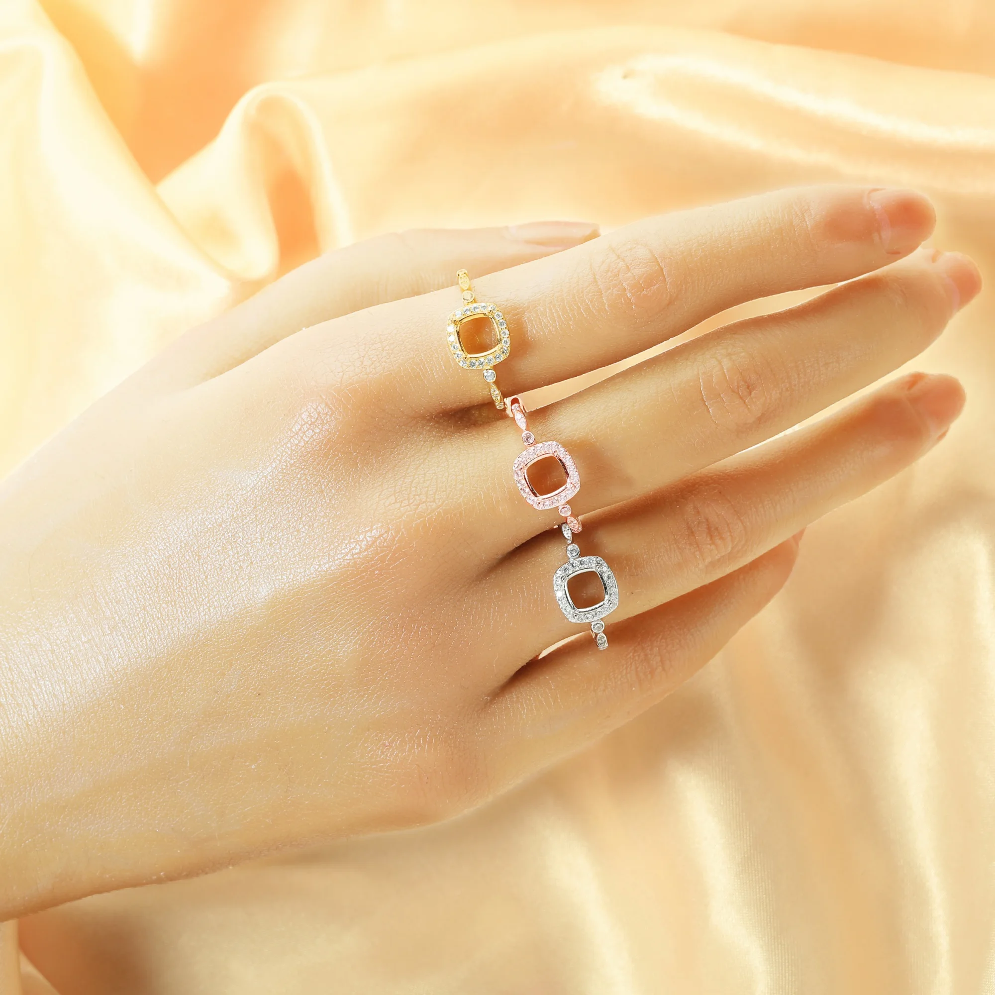 6MM Cushion Square Prong Ring Settings,Solid 925 Sterling Silver Rose Gold Plated Ring,Halo Pave CZ Stone Bezel Ring 1294694