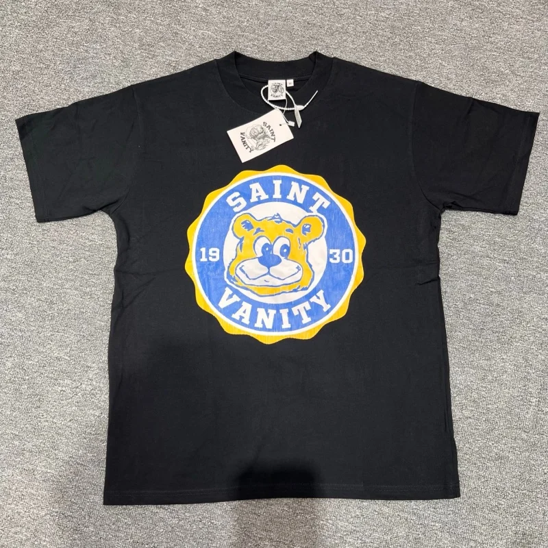 Black T Shirt Unisex Vintage Saint Cartoon Bear Badge Graphic Print Cotton Short Sleeve College Streetwear Tee