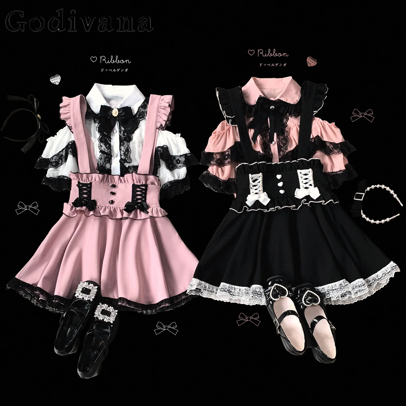 

Japanese Original Ruffled Small Flutter Sleeve Bow Tie Lace Half Skirt Sweet Cute Girl Doll Style Versatile Strap Dress