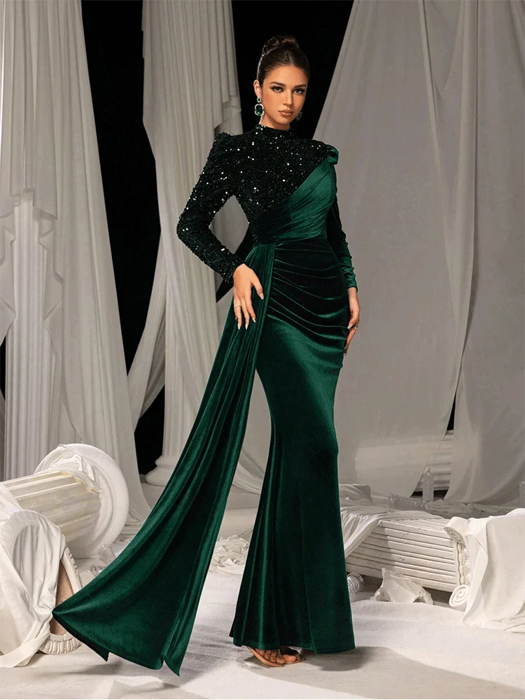 Round Neck Velvet Dark Green Shiny Long-Sleeved Banquet Evening Dress Women's Autumn And Winter Long-Sleeved Banquet Prom Dress