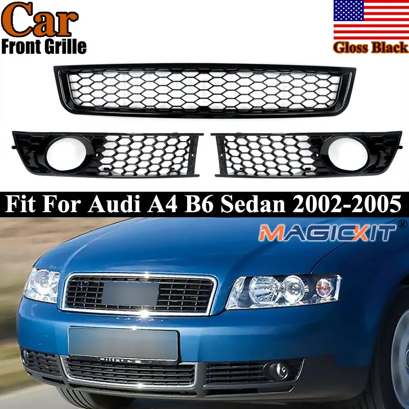 

Front Upper Grill For Audi A4 B6 Sedan 2002-2005 Honeycomb Lower Grille Fog Lamp Grill 4pcs set Gloss Black Car Accessories