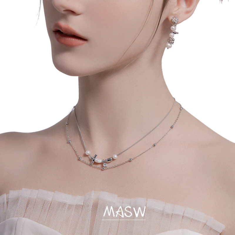 MASW Original Design Irregular Pendant Necklace 2023 Trend High Quality Glass Pearl Two Layer Short Chain Necklace For Women