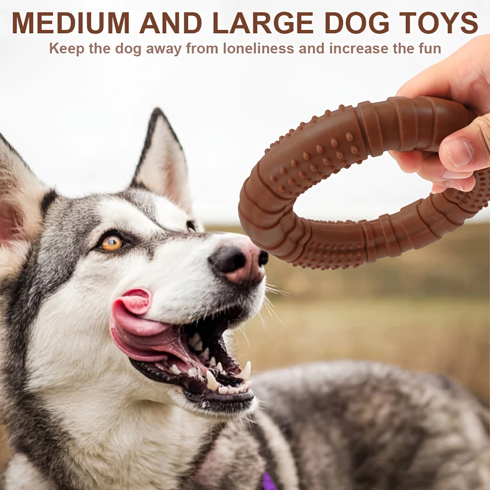 قطعة واحدة حصريًا للكلاب المتوسطة والكبيرة! لعبة مقاومة للمضغ على شكل حلقة، يمكن شغلها بزبدة الفول السوداني، وينظف الأسنان ويخفف الملل