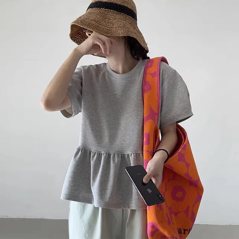 

Sweet Princ Sle T-irt Women's Loose Bubble Sve ort Sve round Ne Top Chic Summer New Arrival Korean Sle