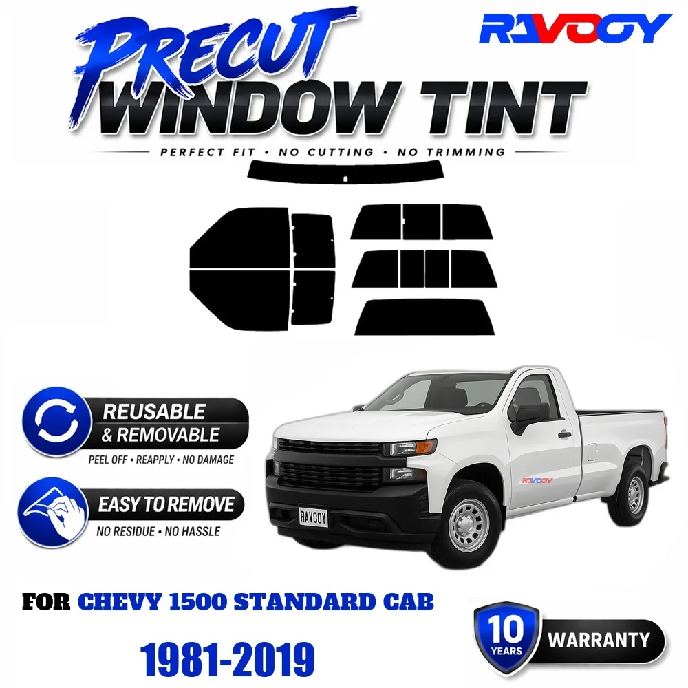 RAVOOY Precut Window Tint, Reusable Removable EPU Film, Custom Fit for Chevy 1500 Standard Cab 1981-2019, UV Heat Protection