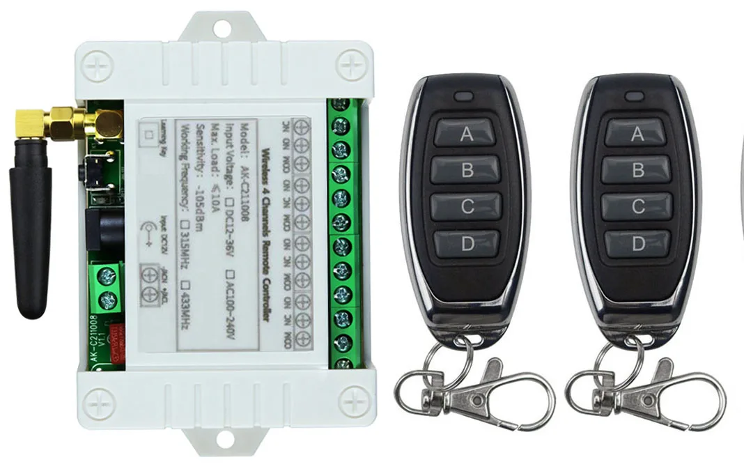 Smart Multiple DC 12V 24V 36V 10A 433 МГц 4-канальный 4-канальный беспроводной реле RF пульт дистанционного управления приемник + металлический передатчик