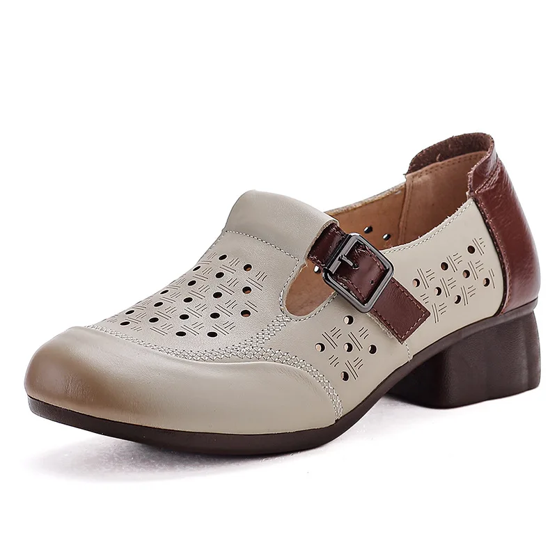 

New buckle pumps shoes handmade heels women summer low heel small pressure pumps long standing shoes woman ladies hollowed pumps