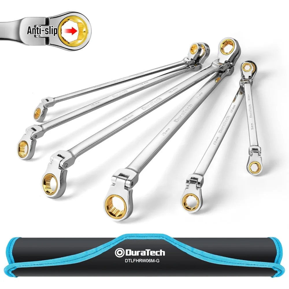 

Extra Long Anti-Slip Flex-Head Ratcheting Wrench Set, Double Box End Wrench Set, 6-Piece, Metric 8-19 mm, CR-V Steel