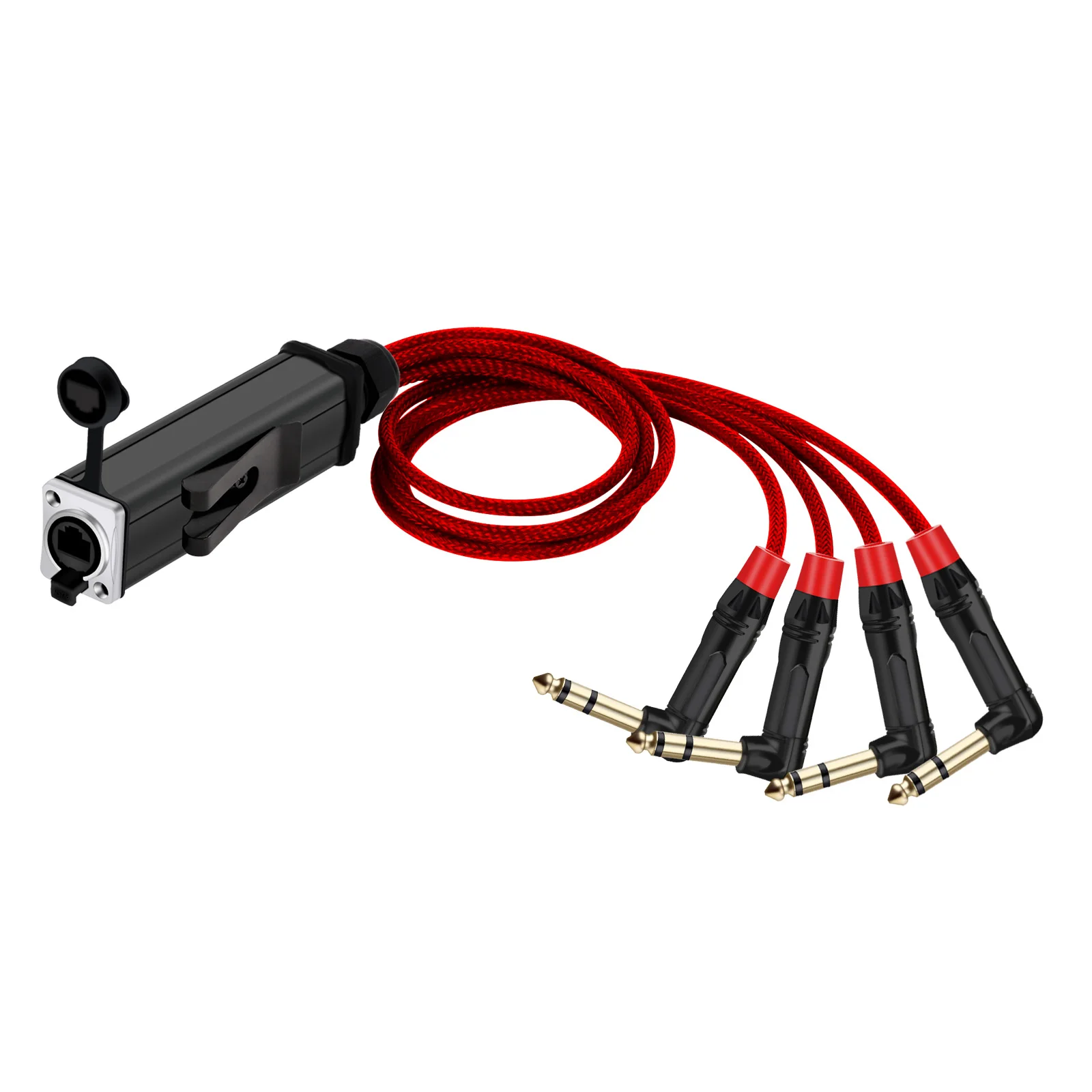 Audio 4 Channel 6.35mm Right Angle 1/4 Inch TRS Stereo Male Plug Cable to RJ45 CAT5 Female Network Signal Extender Splitter