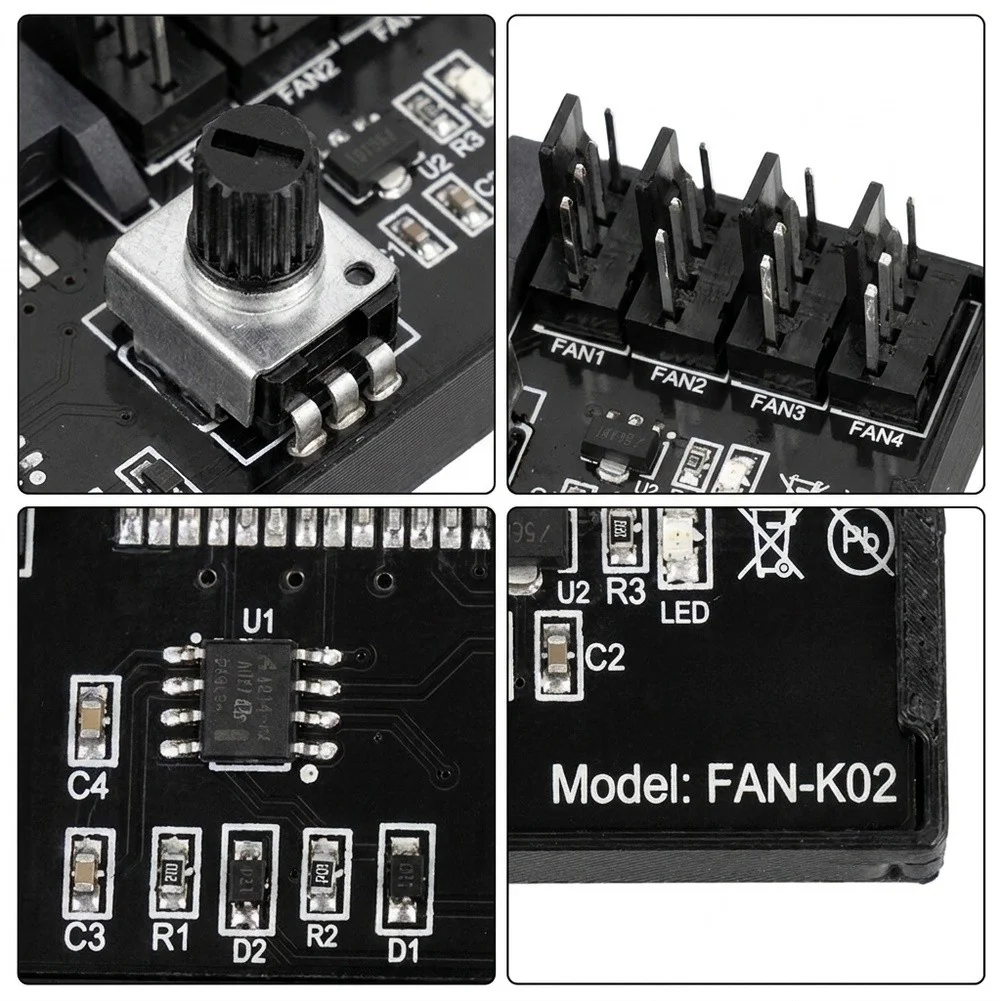 Fan Regulation Controller for Server Cooling For PWM Adjustable 0-100% with 4x 4-Pin Connectors Black Housing 63x32x20.3mm