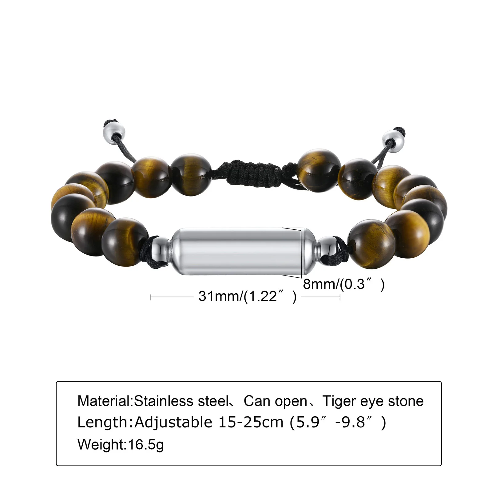 Vnox Dropshipping Cremation Urn Bracelets for Men, Adjustable Tiger Eye Beads Chain Wristband, Pet Family Papa Ashes Holder