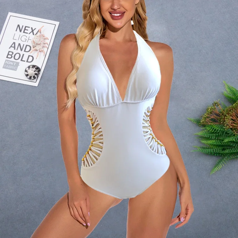 2025 Sexy White Halter Cut Out Bandage Trikini Swim Bathing Suit Monokini Push Up Brazilian Swimwear Women One Piece Swimsuit