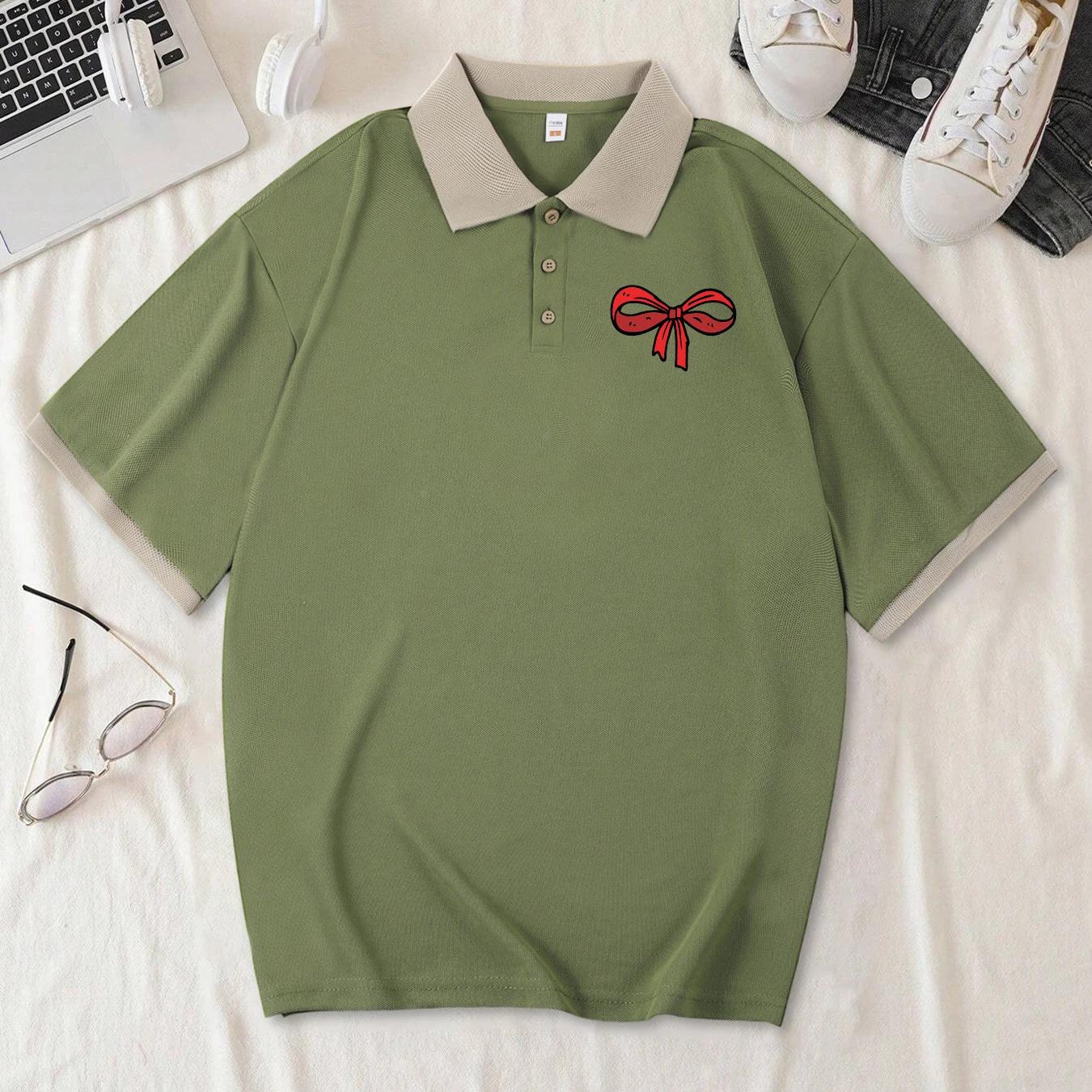 

Red Bow Print Basics Womans Shirts Collar Splicing Breathable Short Sleeve Trendy Lapel Polo Shirt Casual New Female Clothing