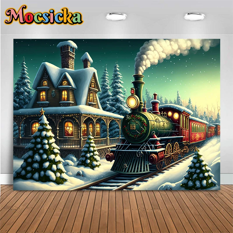 Mocsicka Outdoor Tree Snow Scenery Decoration Background Winter Retro House Prop Rail Trains Lighting Backdrop Studio Photobooth