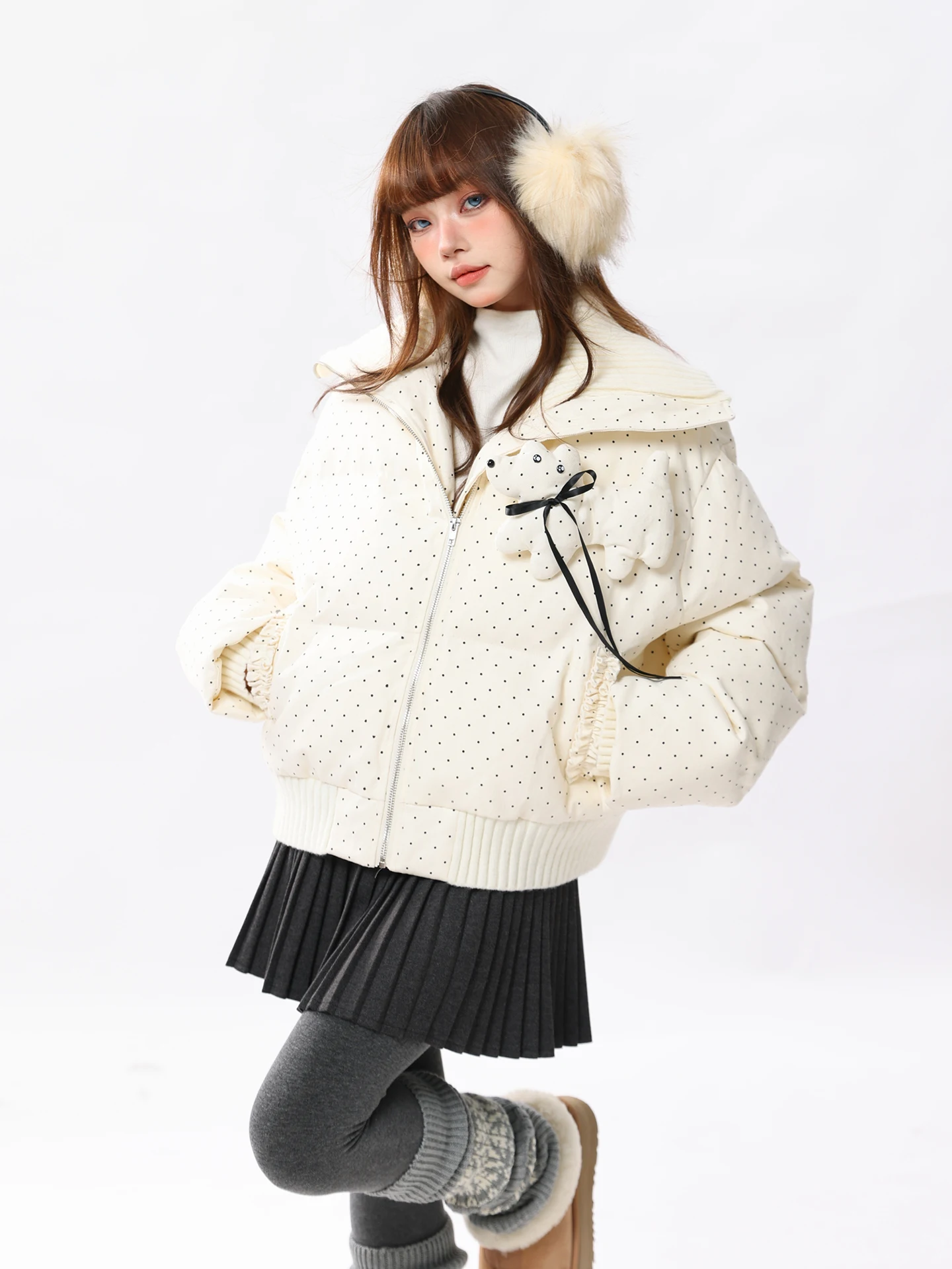 

Sweet Polka Dot ort Thiened Cotton Jaet Women's Winter Design Doll Cute Outerwear Straight Tube Long Sve Zipper Closure