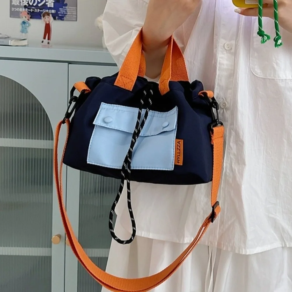

Cloth Nylon Crossbody Bag Contrast Color Magnetic Button Shoulder Pouch Adjustable Straps Large Capacity Drawstring Bucket Bag