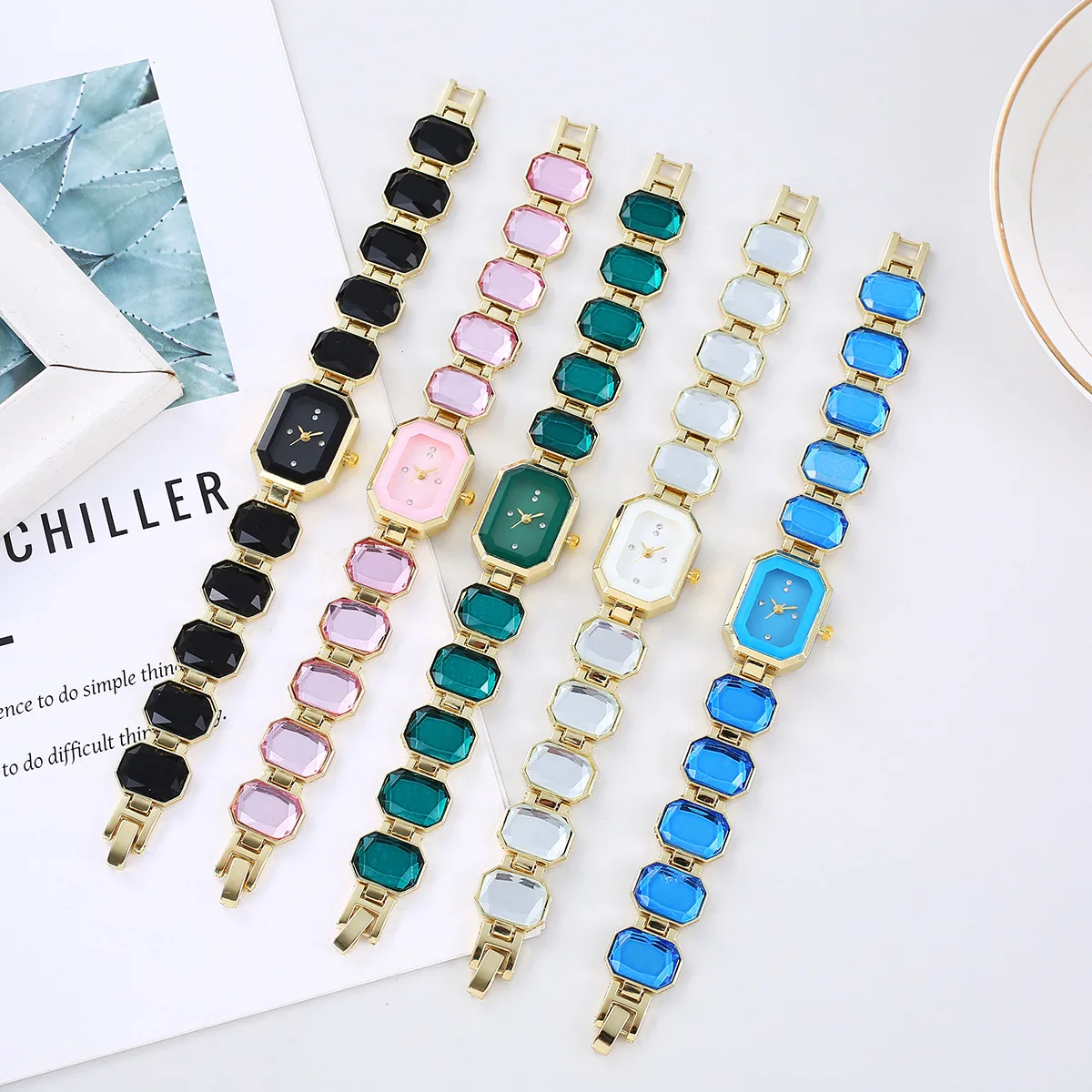 Women's Large Section Rhinestone Chain Rectangular Color Case Rhinestone Dial Fashion European and American Style Ladies Watch