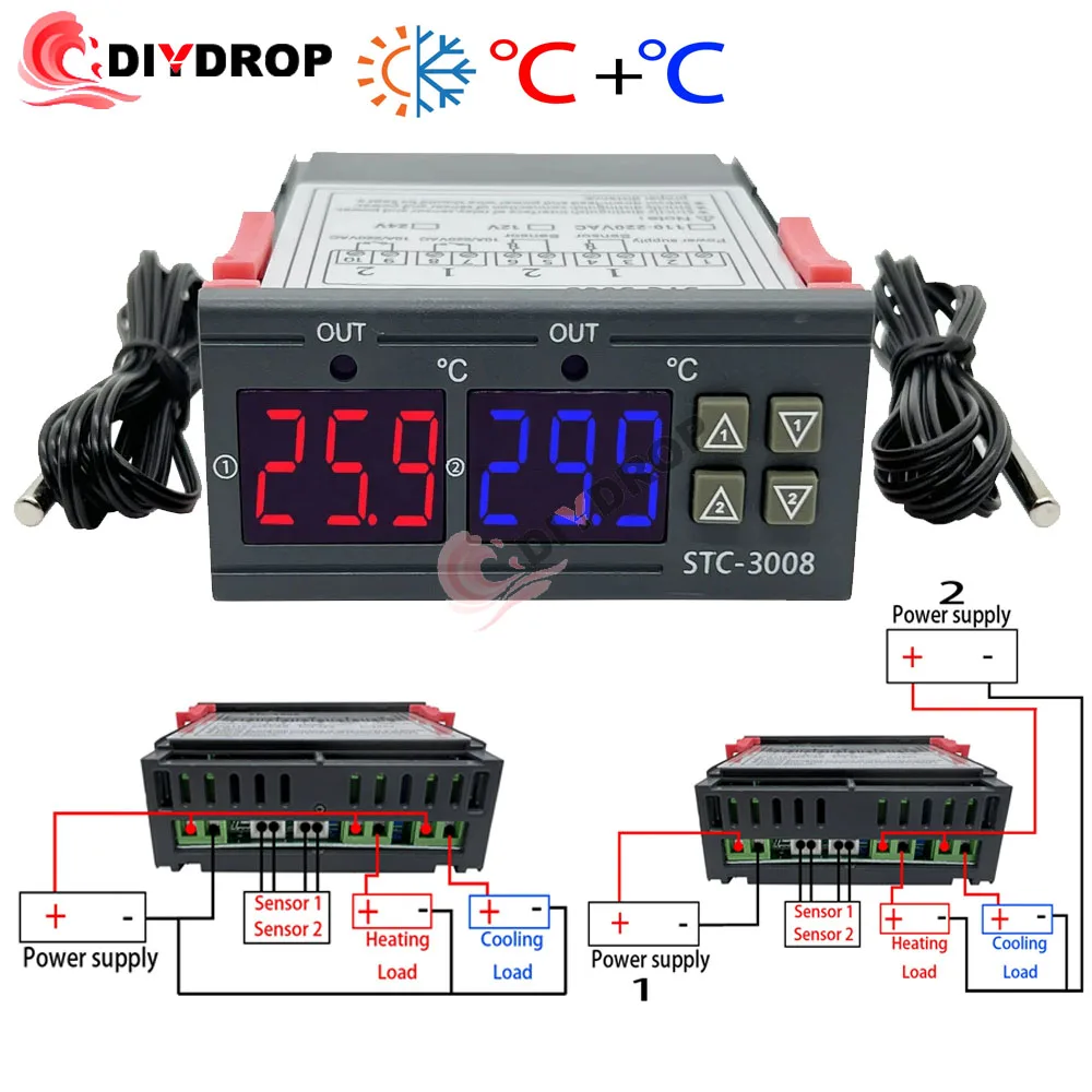 STC-3008 Digital Temperature Controller AC 110V 220V DC 12V 24V Dual Hygrometer Heating Cooling Two Relay Output AC Relay