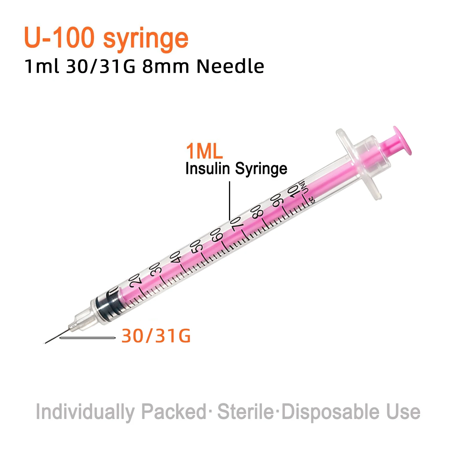 50/100 Stück 1ml Rosa Einweg-Insulinspritze 30G 31G 8mm Nadel Sterile Hypodermische Injektionsspritze Einzeln Verpackt – Detail 2