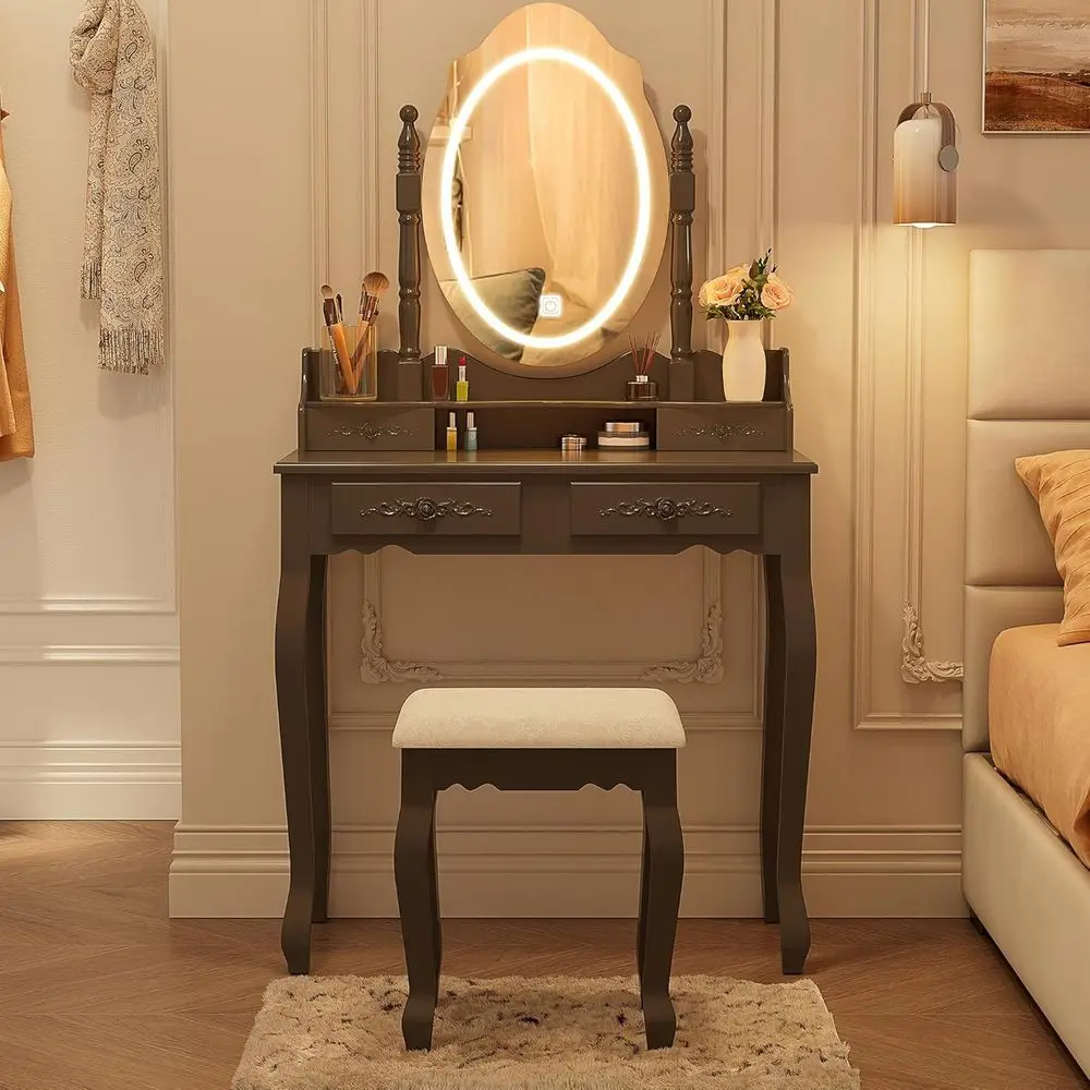 

Vanity Desk with Mirror and Lights, ern Vanity Makeup Table and Cushioned Stool Set with 4 Ders, 3 Color Lighting es with Adjust