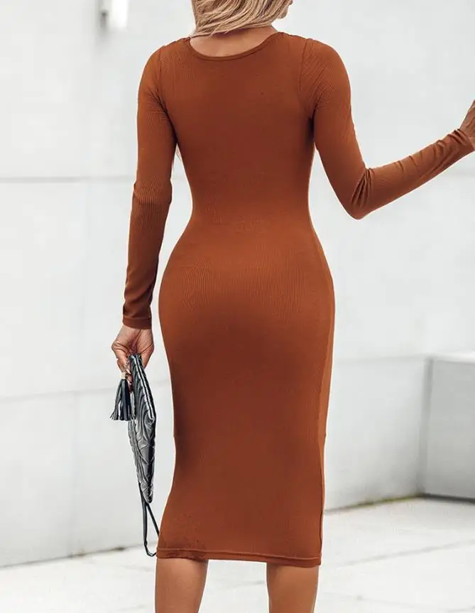 Round Neck Hip Lifting Slim Fit Shapewear for Autumn Women, Solid Color Double-Layer Built-In Shapewear, Ribbed Mid Length Skirt