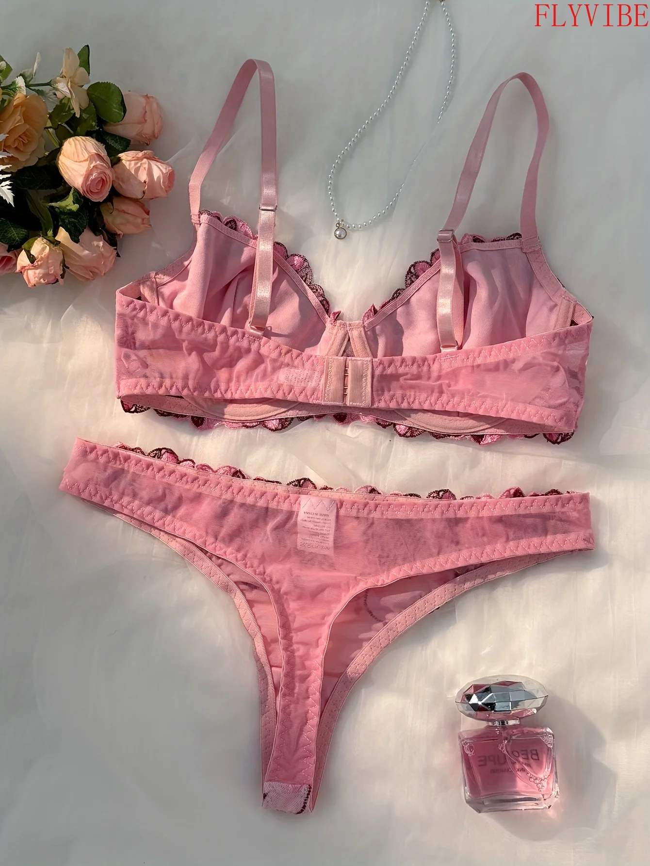 Women Autumn Winter Pink Floral Embroidered Lingerie Set Warm Lined Push-up Bra And Mesh Thong Comfortable High Quality Bra Panties Underwear