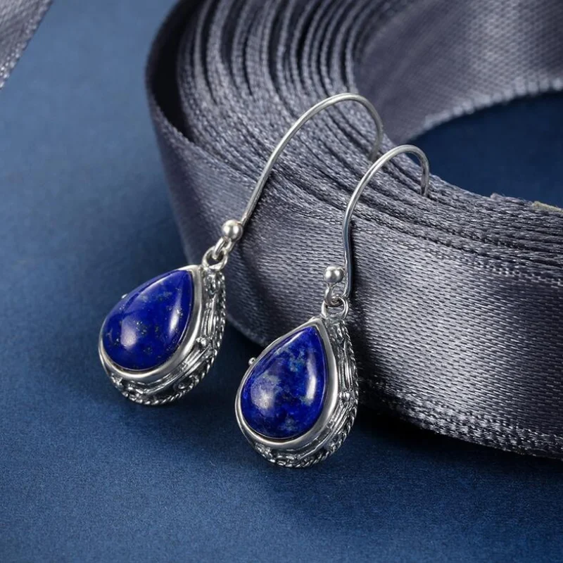 Silver Color Wedding Engagement Jewelry Water Drop Earrings for Women Natural Lapis Lazuli Earrings