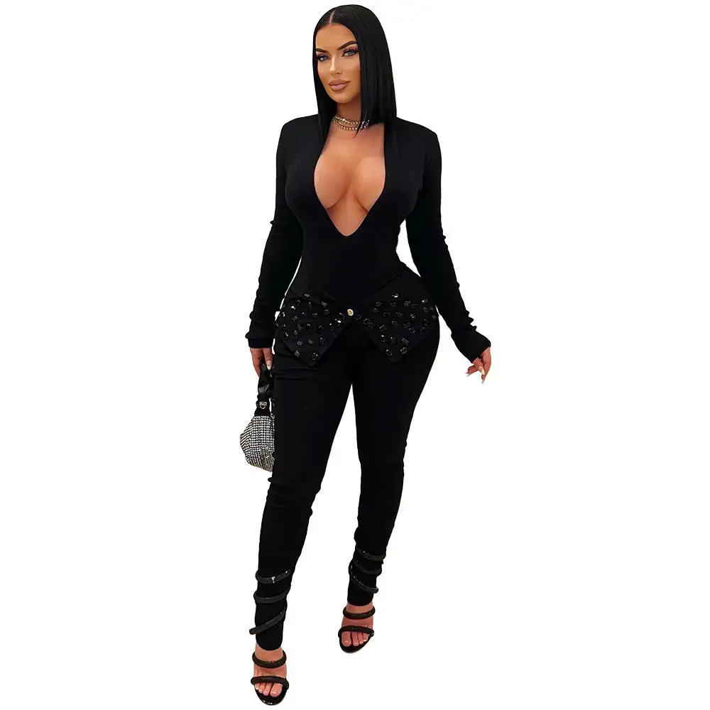 Body sexy con strass V-Ne Pantaloni a matita dimagranti Lunghi Sve Abbigliamento da donna in puro colore CY Marca Spring Faion