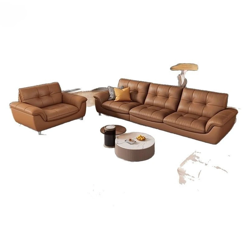 

Small apartment living room modern simple light luxury first-layer cowhide sofa straight row three people