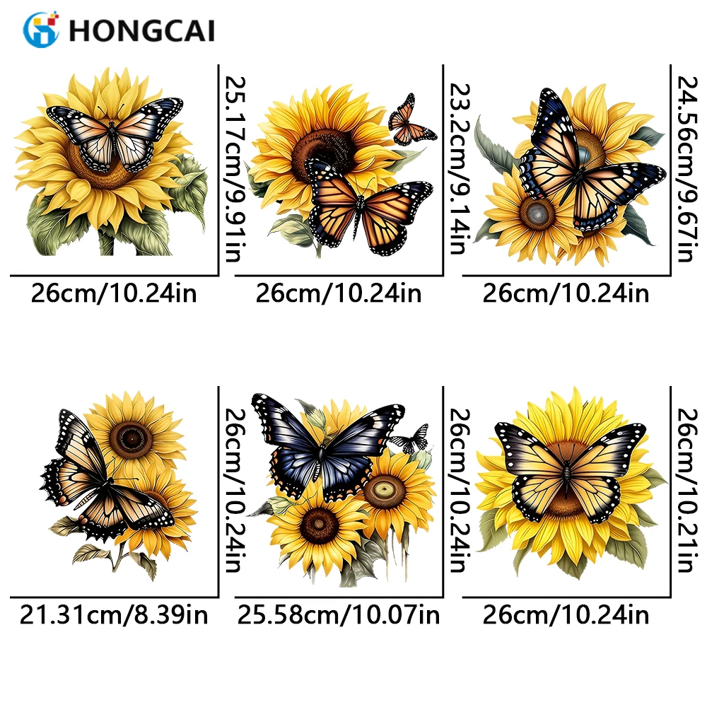 Set da 6 pezzi di adesivi in vinile a trasferimento termico con girasole fresco e farfalla, facili da stirare con colori luminosi e duraturi