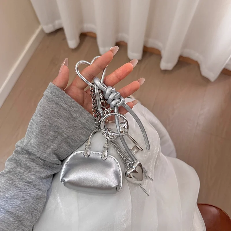 Mini requintado saco pingente corrente concha saco chaveiro couro do plutônio prata saco decoração criativo diy sacos femininos acessórios