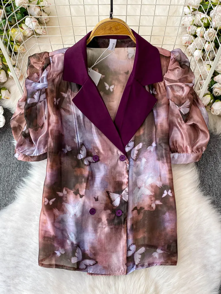 

Ele Cheered Suit Collar irt Women's Faionable Print Anti-Aging Bubble Sve Blouse Korean Sle Loose Fit