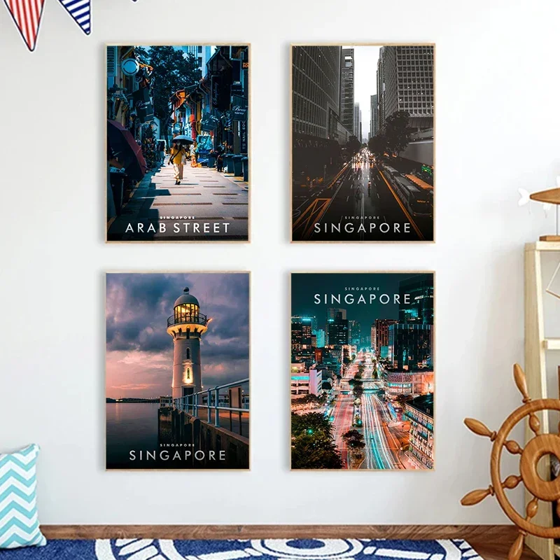 Singapore City Landscape Canvas Poster Night View Modern Buildings Wall Pictures for Living Room Bedroom Modern Home Decor Gift