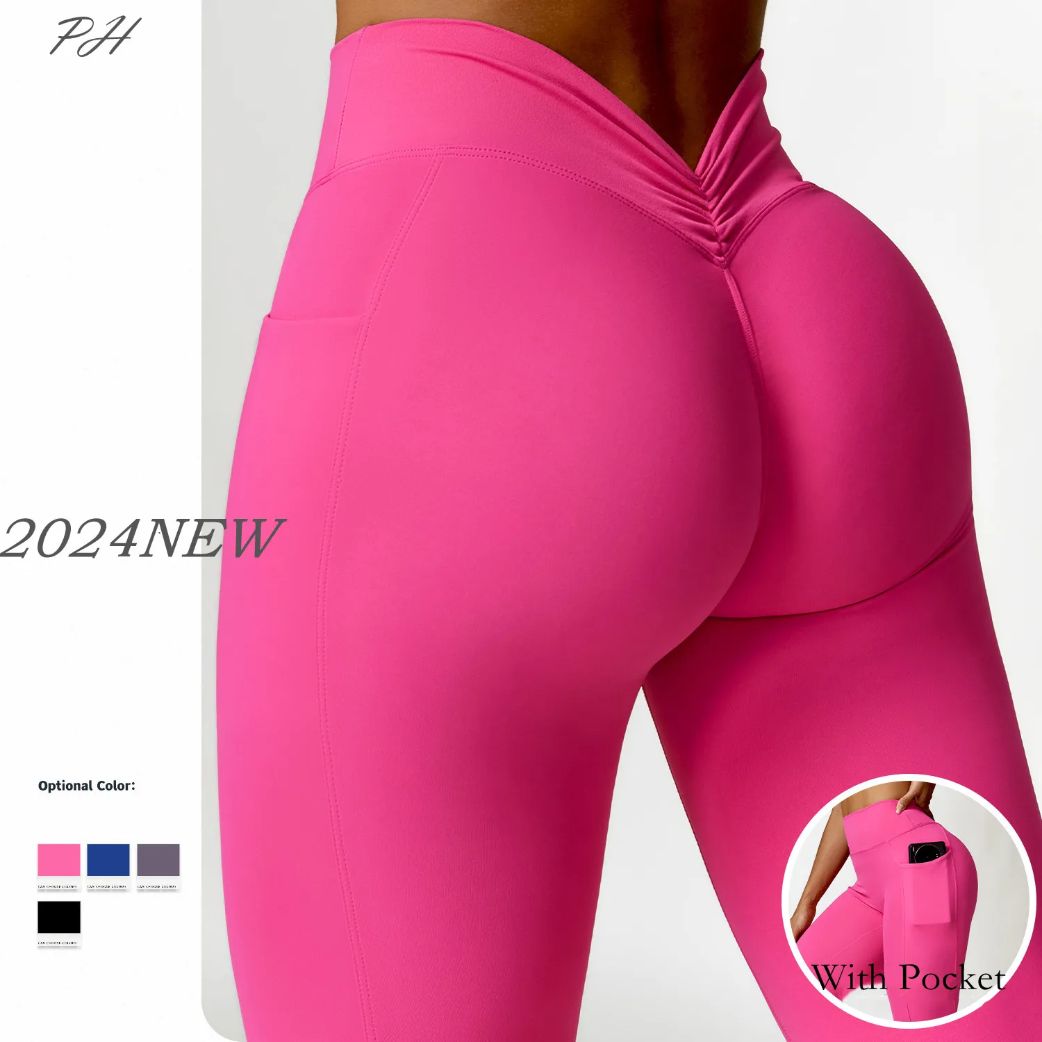 

Back Wrinkled V-Waist Yoga Leggings Women Skinny Stretch Exercise Sport Trousers Gym Tight Fitness Running Pants With Pocket