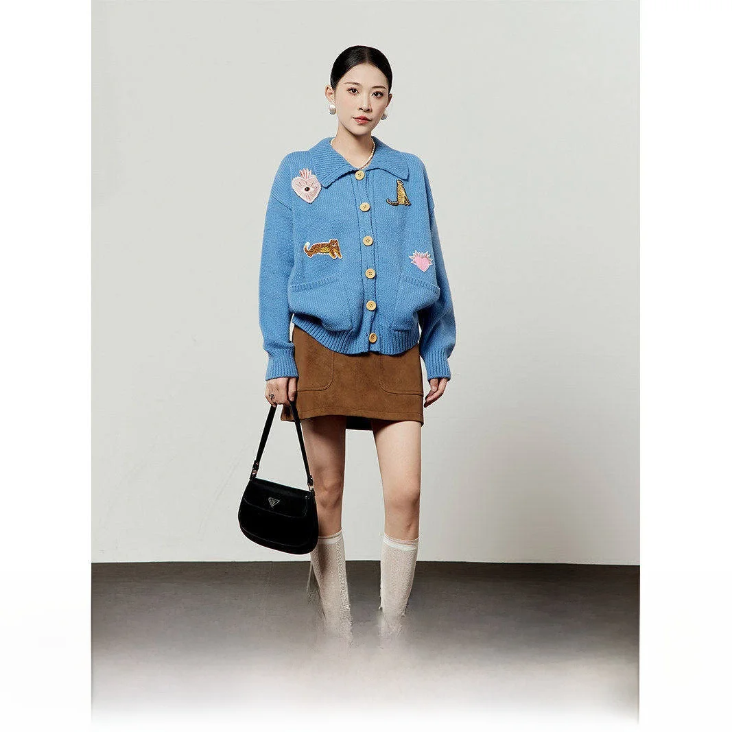 

Blue Embroidered Knit Sweater Collared Cardigan Women's Faion Commute Sle Regular Fit Long Sve Warmth Providing Outerwear