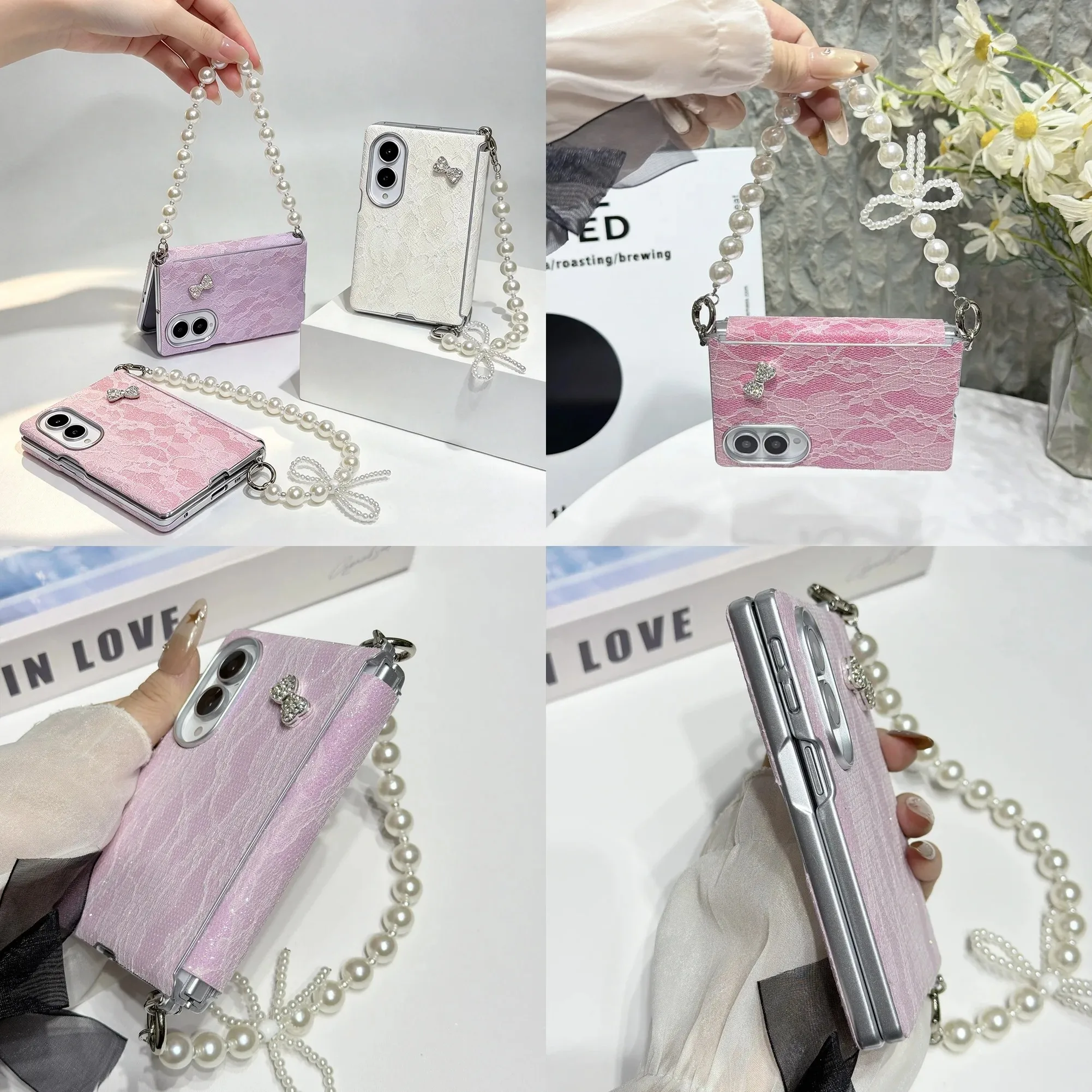Lace Bow Pearl Bracelet Phone Case For Samsung Galaxy Z Fold 8 Silver-edged Side Buckle Protective Cover