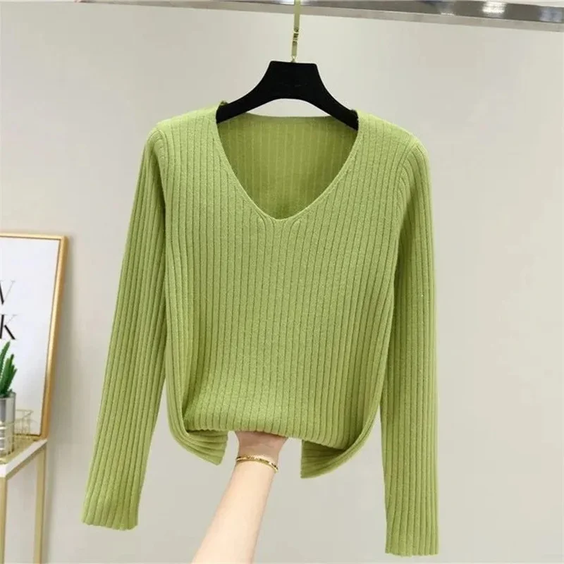 2024 New Sweaters Women Casual V-neck Solid Jumpers Pullovers Spring Autumn Sweater Winter Warm Knitwear Bottoming Shirt