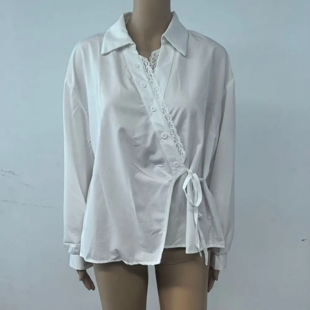 T-shirt con cravatta diagonale irregolare con scollo a V Top corto in pizzo retrò Camicetta a maniche lunghe Chic Patchwork Basic Tees Camicie Donna Estate