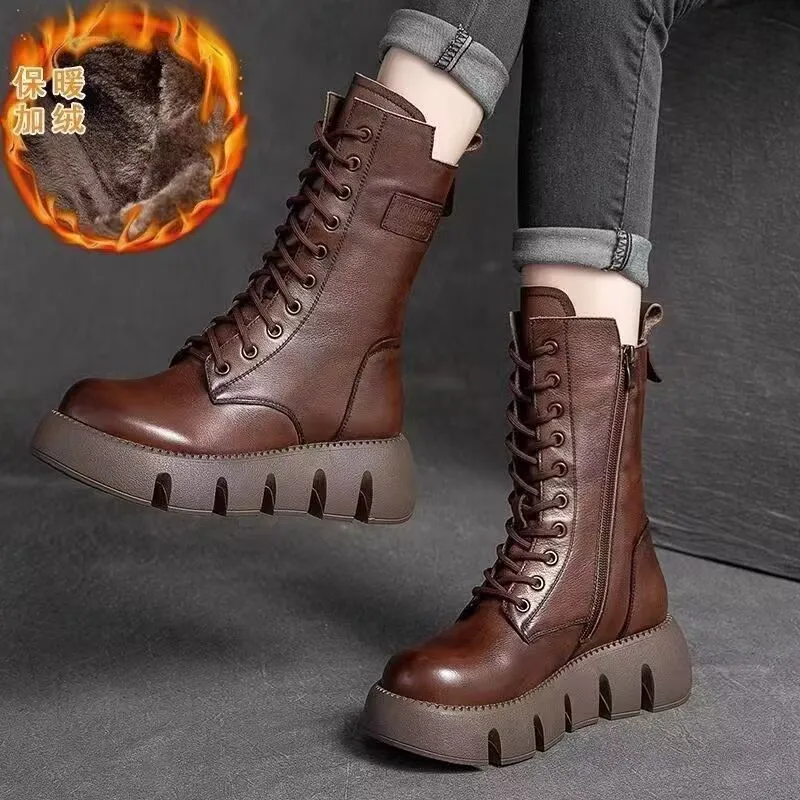 

Woman Lace-Up Boots Winter Plush Warm Short Boots 2025 Students Comfortable Cotton Boots Female British Non-slip Thicken Boots